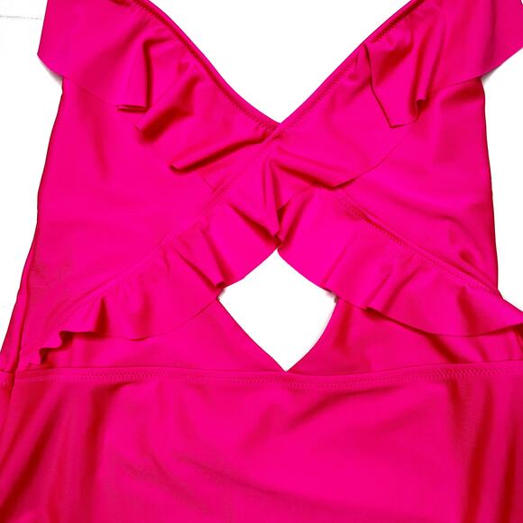 Aerie Ruffle One-Piece Full Coverage Halter Swimsuit Bright Neon Pink Large - Picture 7 of 11
